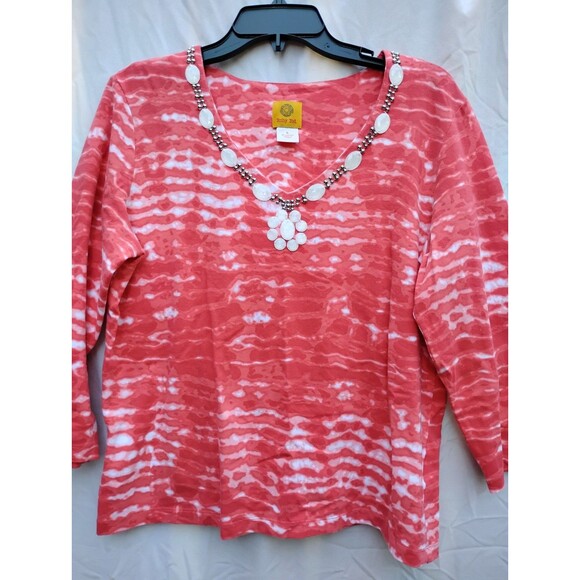 Ruby Rd Tie Die Top Beaded 3/4 Sleeve SZ Large Orange Cotton Stretch Rounded Hem - Picture 1 of 8